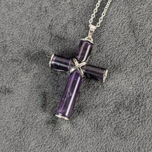 Amethyst and silver color cross pendant, free chain, unisex women men